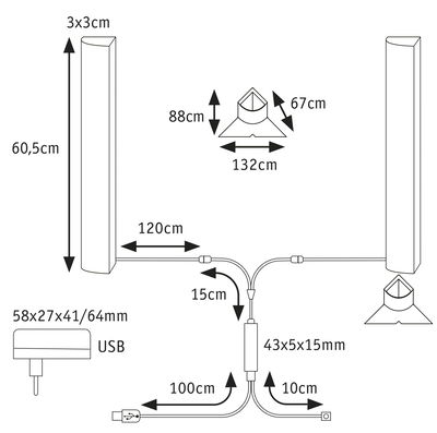 Technical drawing showing dimensions of USB-powered LED light system with two lamps and cables.