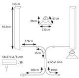 Technical drawing showing dimensions of USB-powered LED light system with two lamps and cables.
