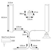 Technische Zeichnung mit Maßen eines USB-betriebenen LED-Lichtsystems mit zwei Leuchten und Kabeln.