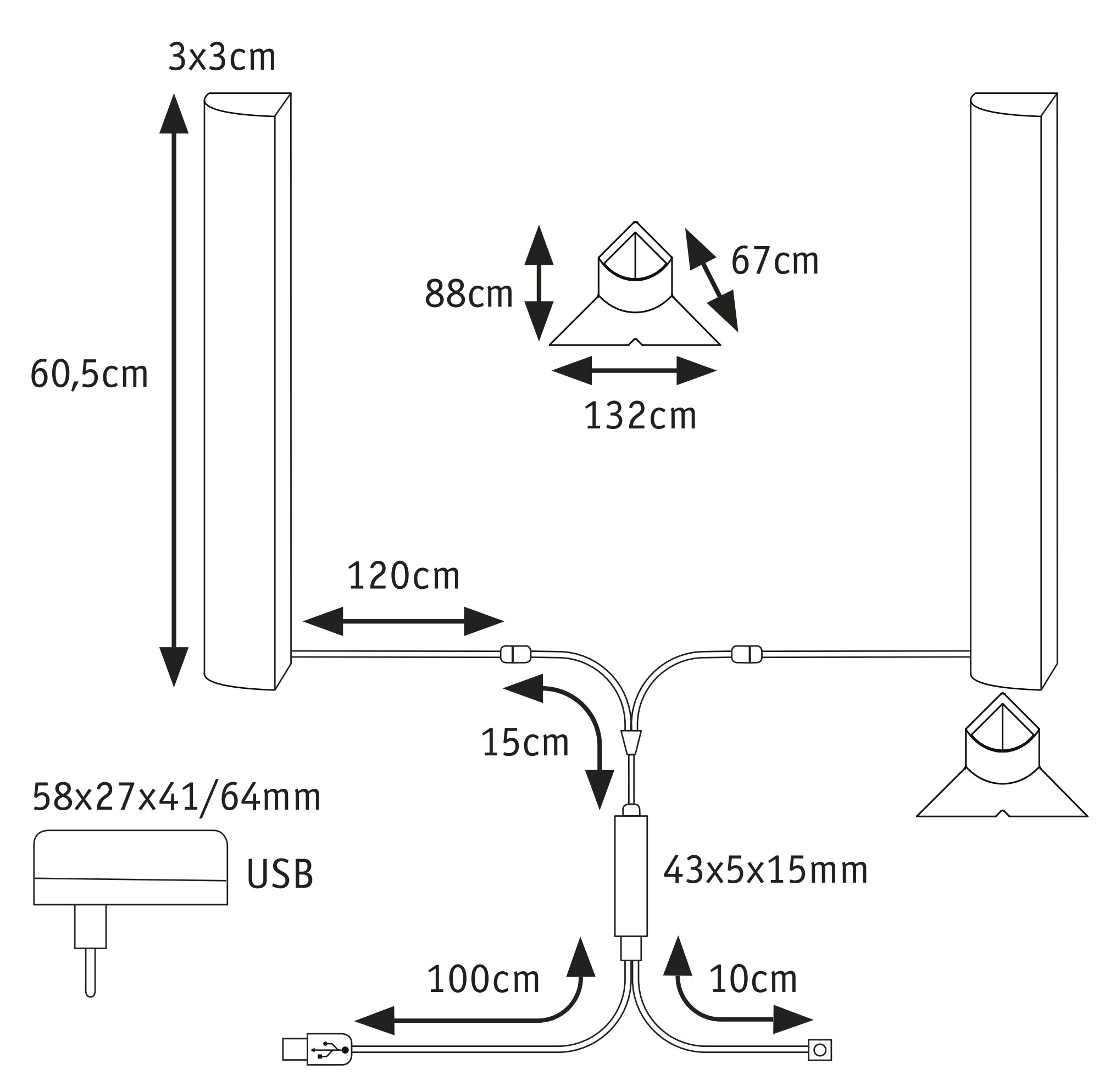 Technische Zeichnung mit Maßen eines USB-betriebenen LED-Lichtsystems mit zwei Leuchten und Kabeln.