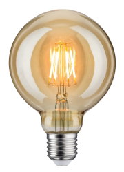 Round LED bulb with amber glass and visible filaments for decorative lighting and warm ambiance