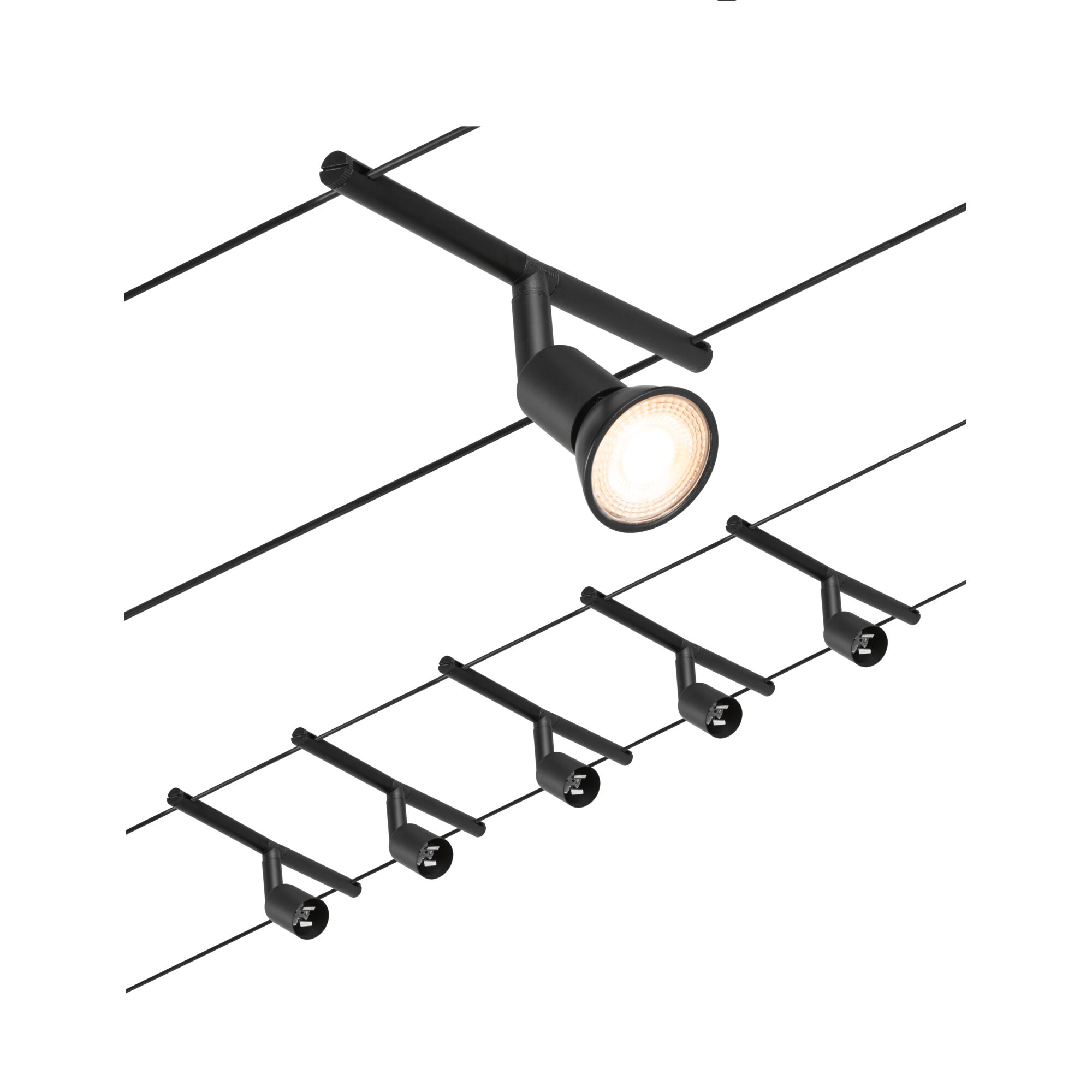 CorDuo Seilsystem Salt Basisset GU5,3 max. 5x10W 230/12V Schwarz matt/Chrom Schwarze LED-Seilspotleuchte aus Metall mit warmweißem Licht für moderne Raumbeleuchtung