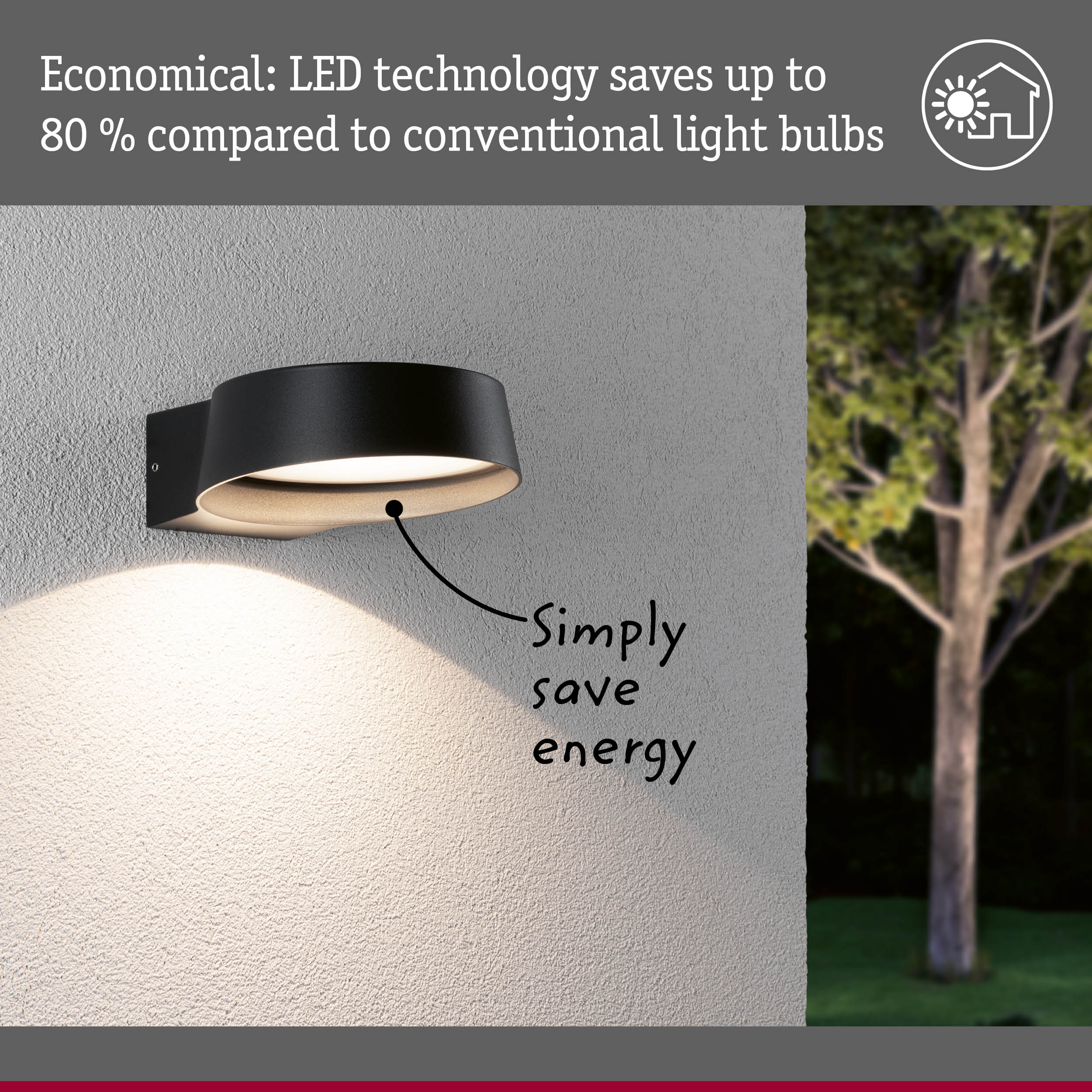 Black metal LED outdoor wall light with energy-saving technology and warm white illumination.