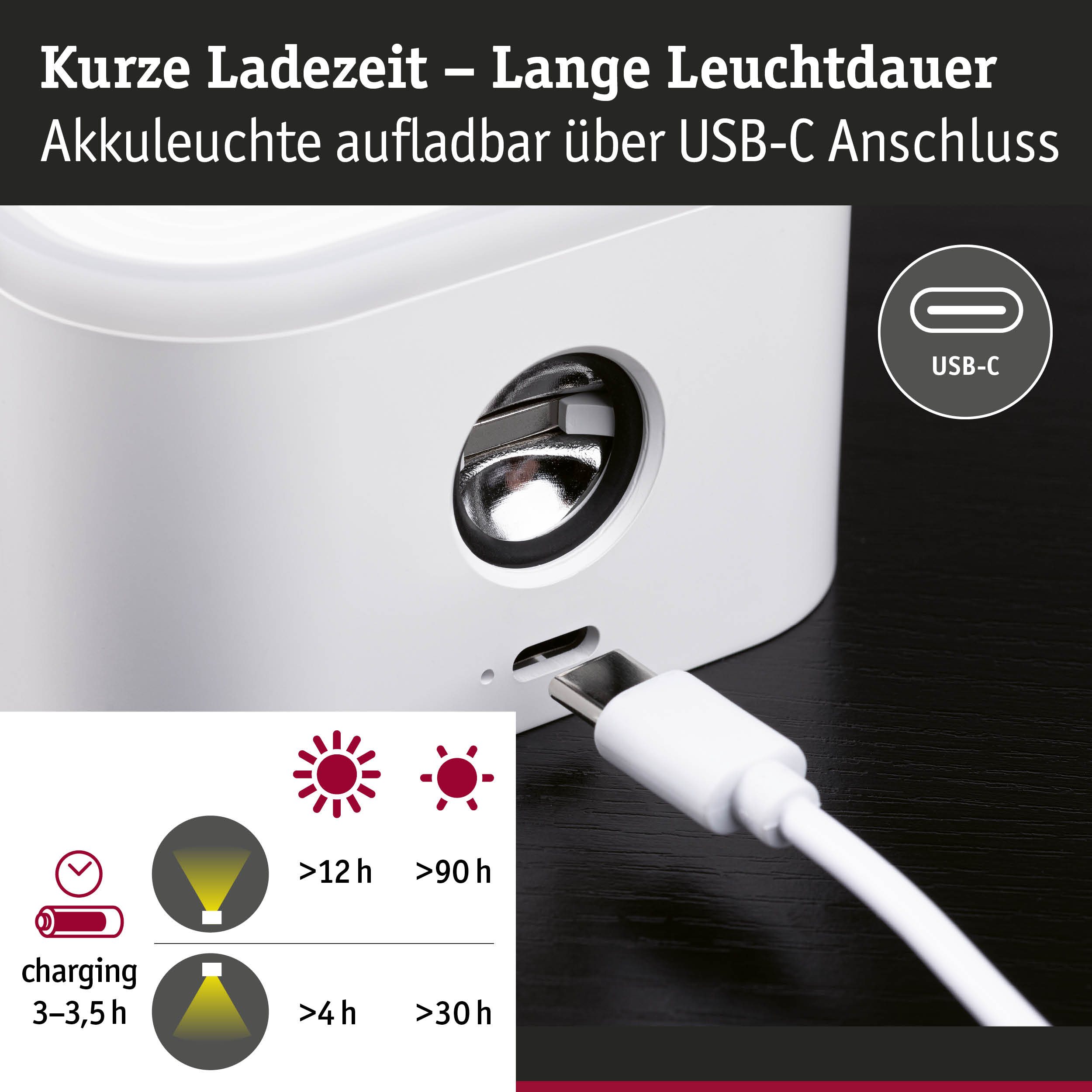 Weiße Akkuleuchte mit USB-C Anschluss für kurze Ladezeit und lange Leuchtdauer, energiesparende LED Lampe