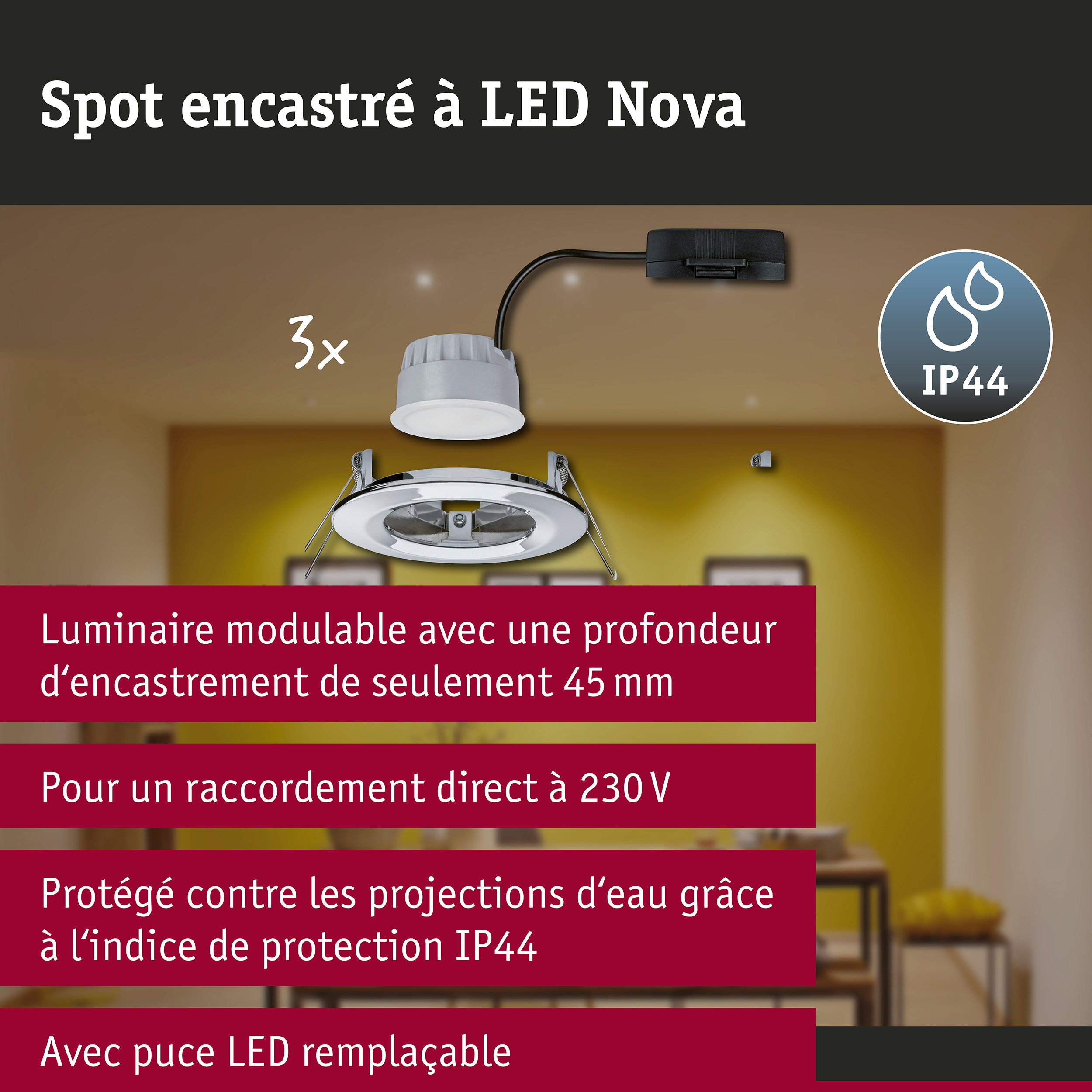 Spot encastré LED 3-Step-Dim Nova Coin Kit de base fixe IP44 rond 78mm Coin 3x6W 3x470lm 230V gradable 2700K Chrome