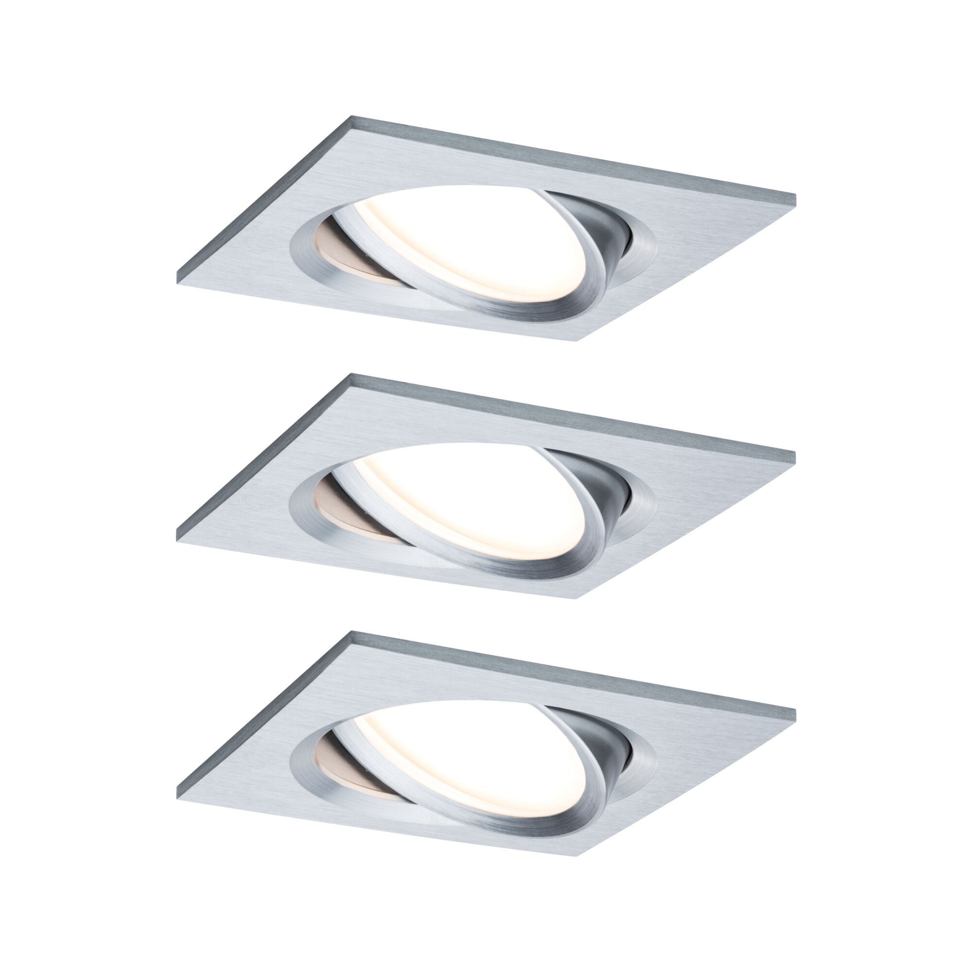 Drei quadratische Einbaustrahler aus gebürstetem Aluminium in Silber mit warmweißem LED-Licht.