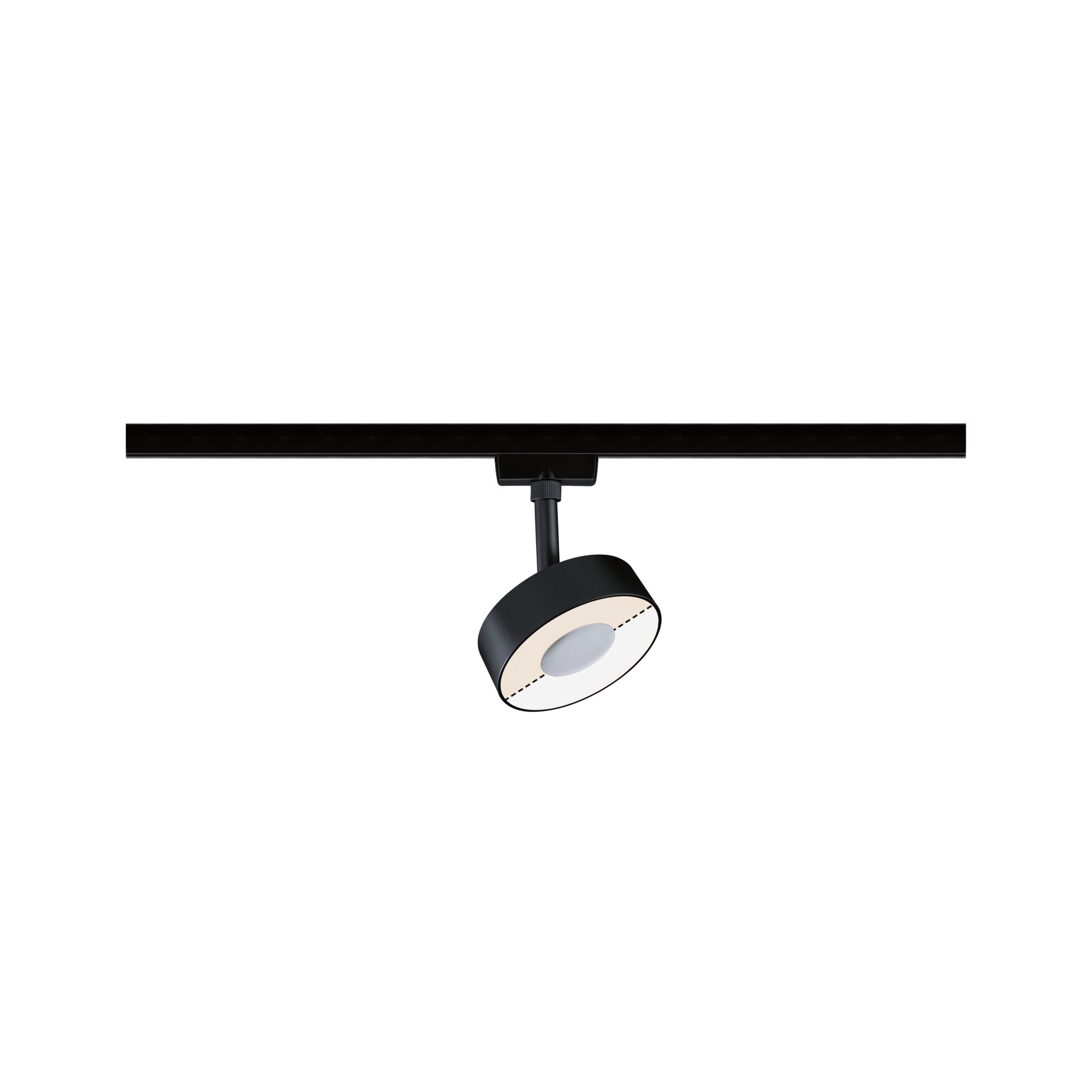 Schwarzer LED-Spot aus Metall an Schienensystem für flexible Beleuchtung im Wohnraum