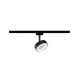 Schwarzer LED-Spot aus Metall an Schienensystem für flexible Beleuchtung im Wohnraum