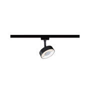 Schwarzer LED-Spot aus Metall an Schienensystem für flexible Beleuchtung im Wohnraum