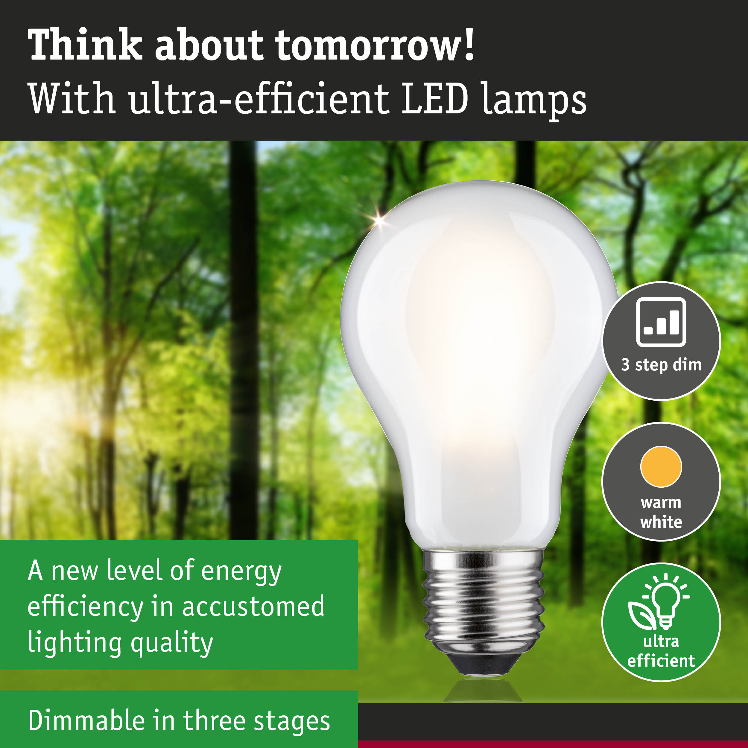 White LED bulb with E27 base, warm white dimmable in three steps, ultra-efficient LED lamp