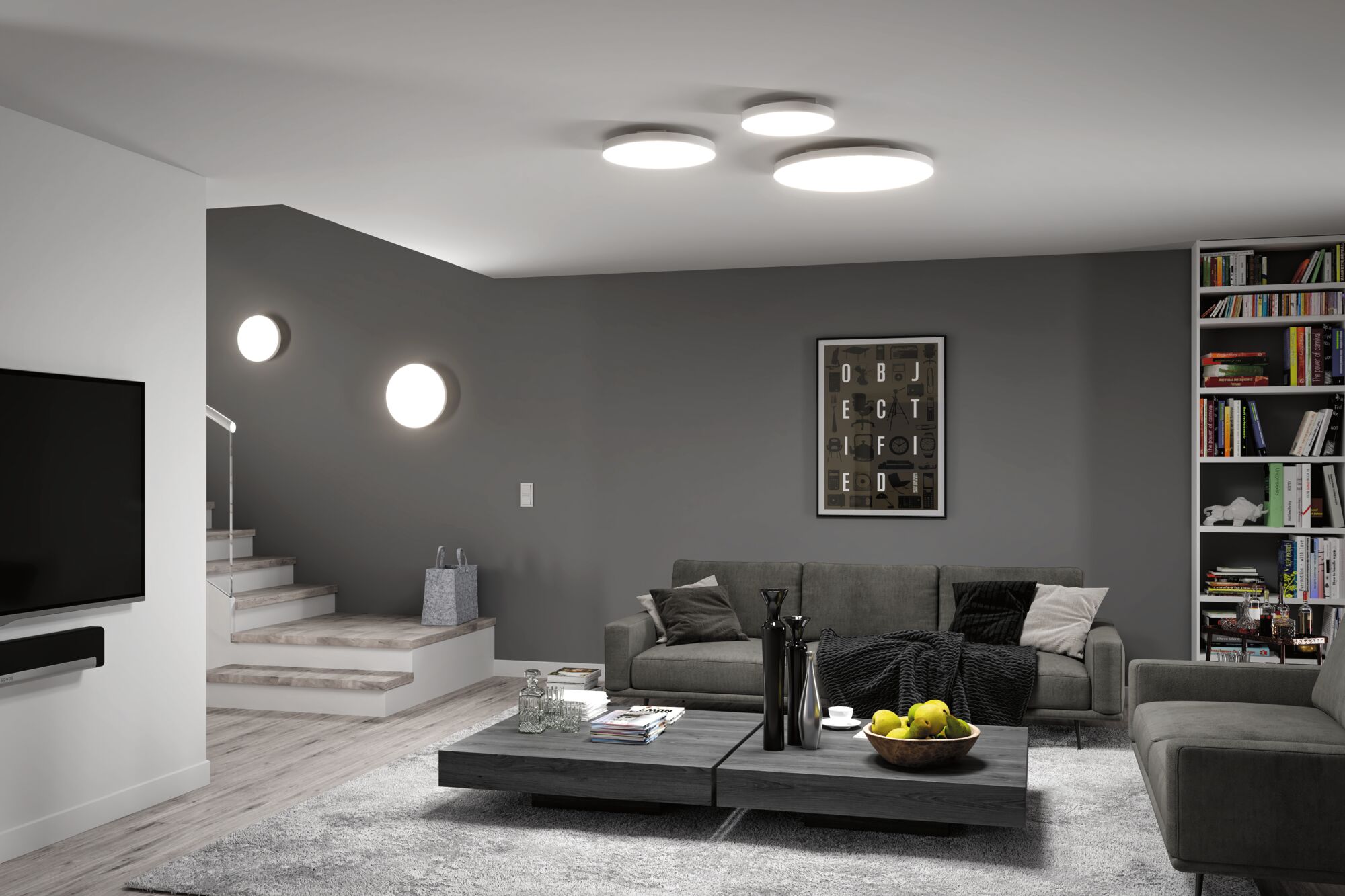 Salon moderne avec canapés gris et plafonniers LED ronds blancs pour un éclairage d'ambiance