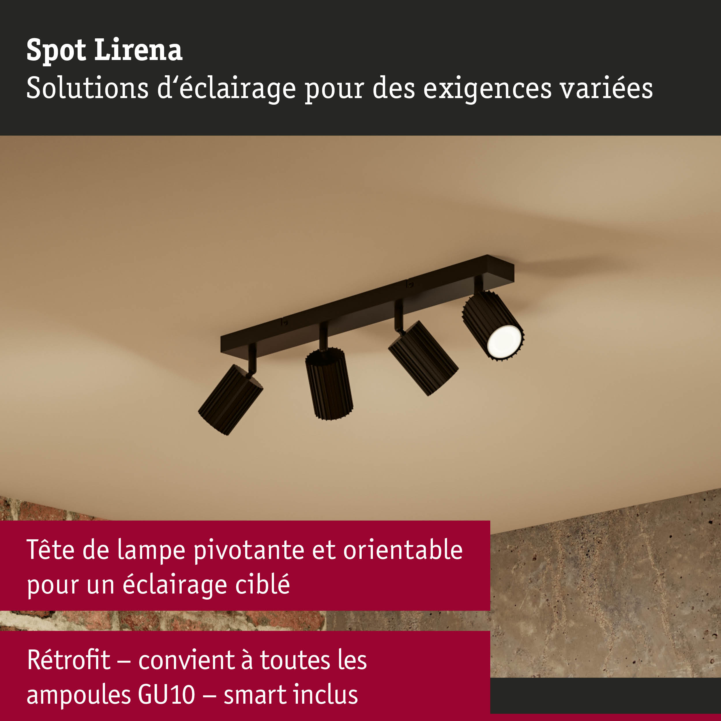 Spot de plafond noir Lirena avec quatre têtes orientables pour un éclairage ciblé intérieur