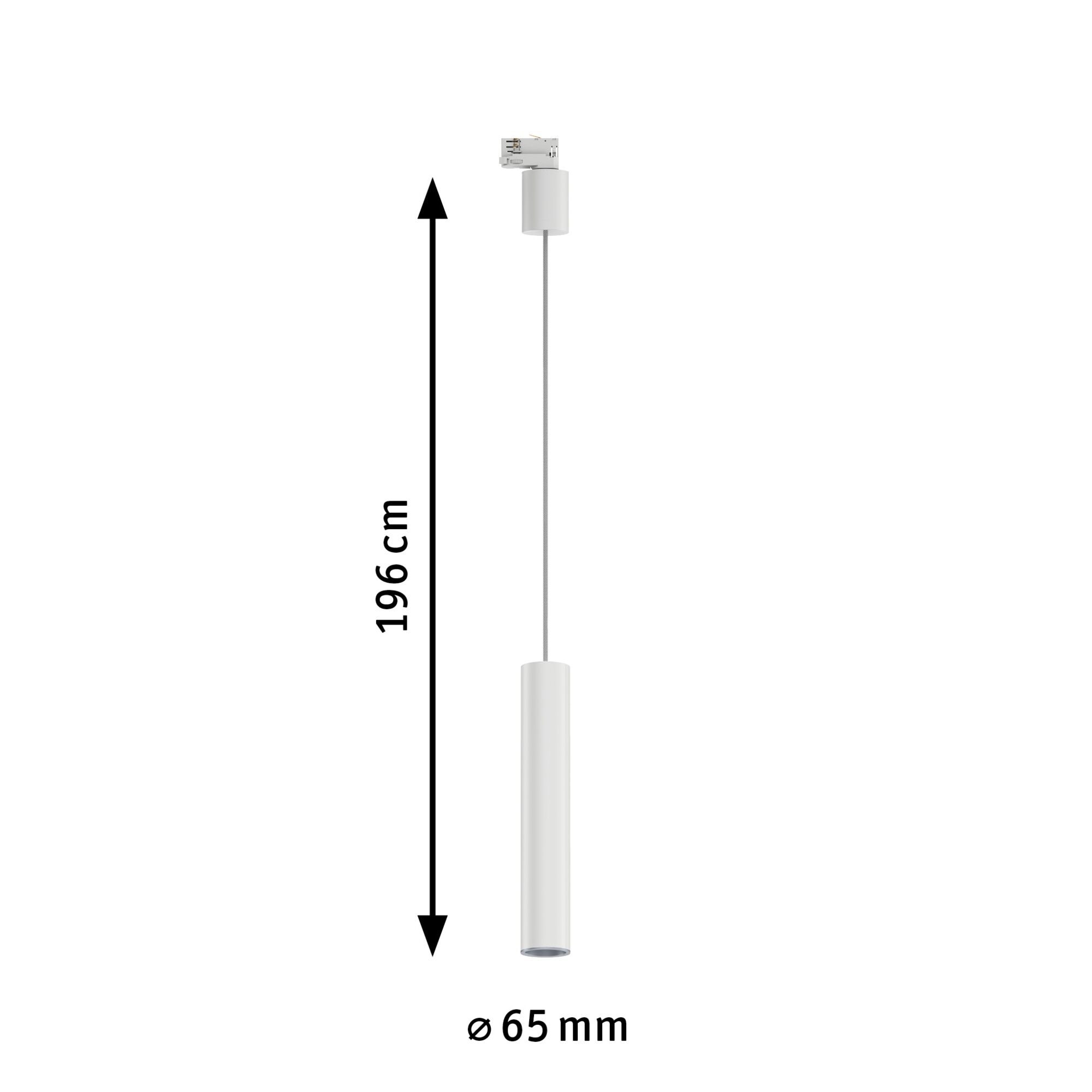Weißer zylindrischer LED-Pendelleuchte aus Metall mit 196 cm Länge und 65 mm Durchmesser