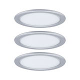 Tre runde LED-indbygningslamper med sølvfarvet aluminiumsramme og hvid diffuser til moderne belysning