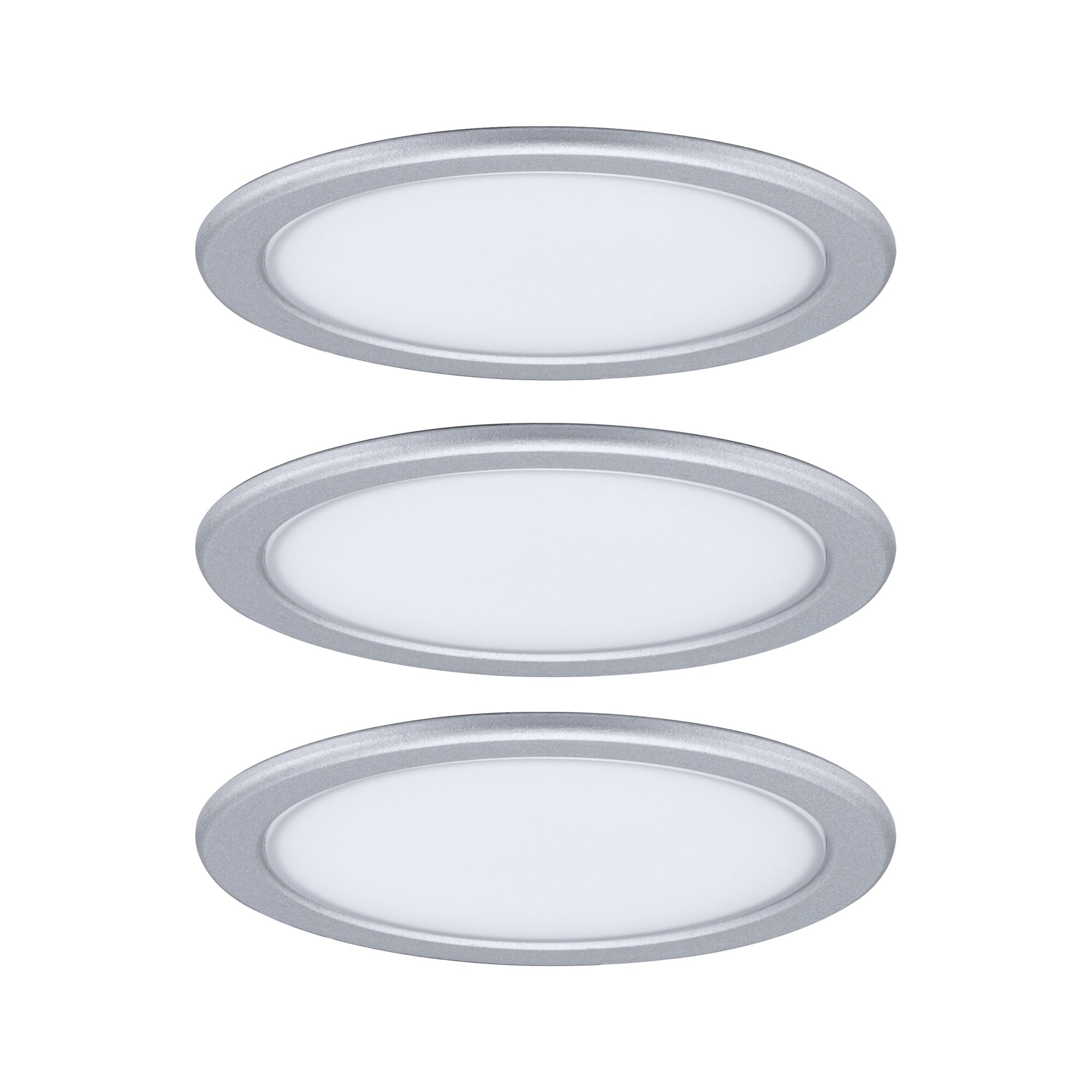 Drei runde LED-Einbauleuchten mit silbernem Aluminiumrahmen und weißem Diffusor für moderne Raumbeleuchtung