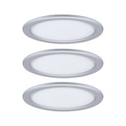Three round LED recessed lights with silver aluminum frame and white diffuser for modern room lighting