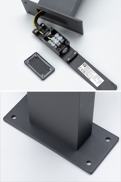 Fixation métallique noire avec boîtier de connexion ouvert et câble pour éclairage LED, plaque de montage avec trous de vis