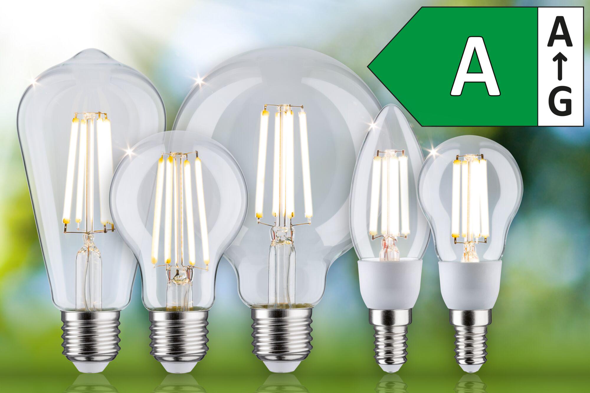 Fünf verschiedene LED-Filament-Glühbirnen mit E27 und E14 Sockeln in klarem Glas, Energieklasse A.