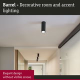 Black cylindrical metal ceiling light for decorative room and accent lighting without visible screws