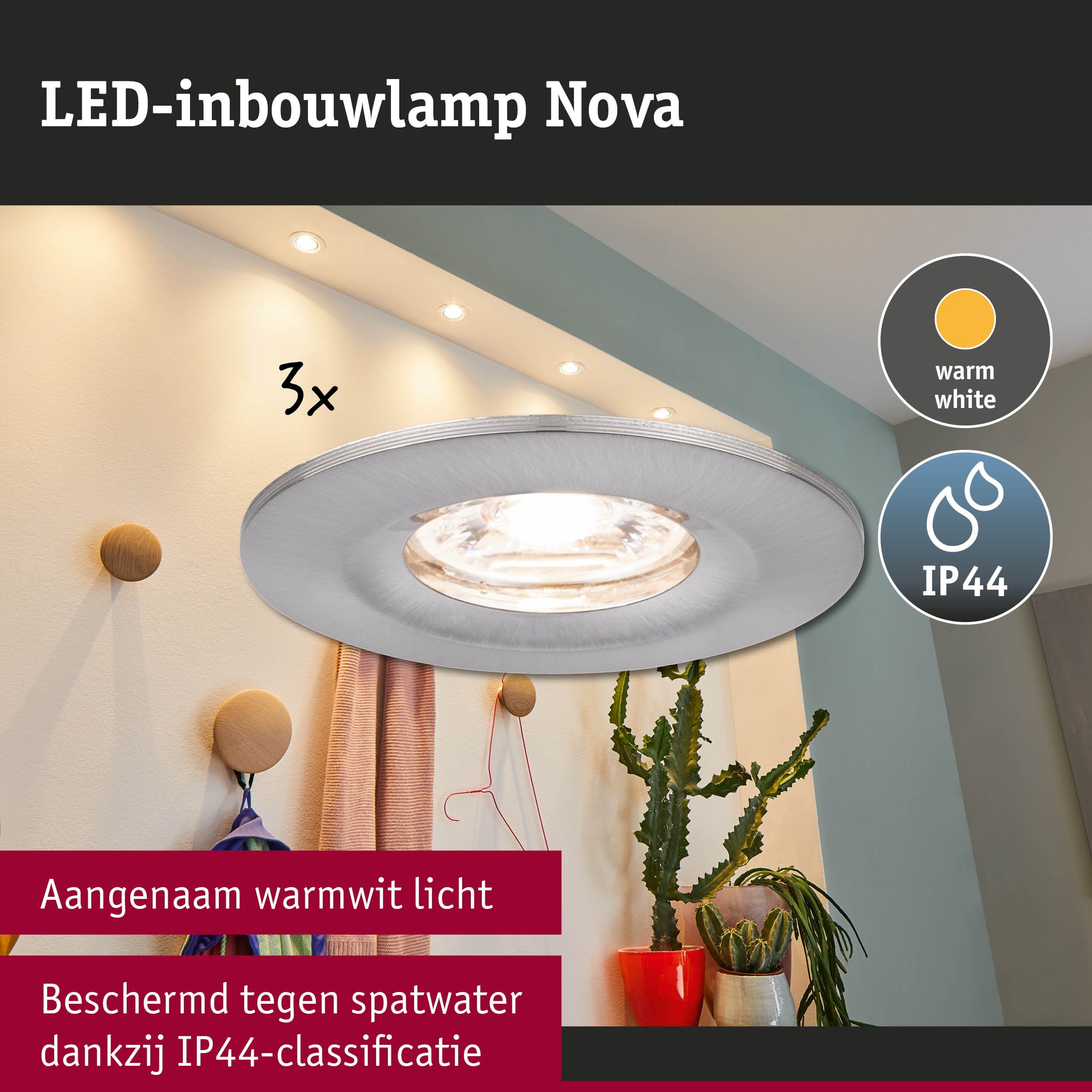 LED-inbouwlamp Nova met warmwit licht en IP44-classificatie tegen spatwater