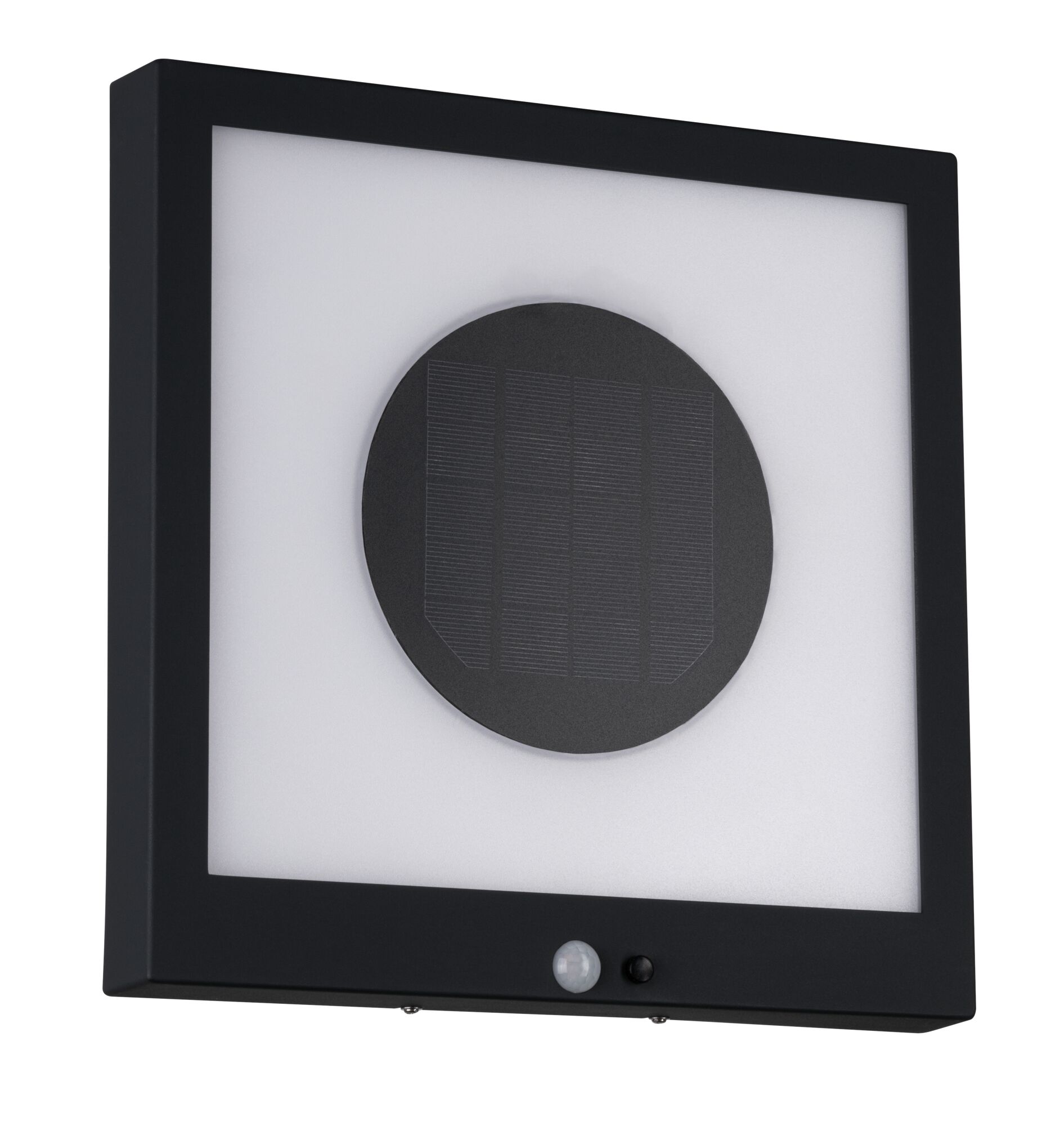 Square black solar wall light with motion sensor and white diffuser for outdoor lighting