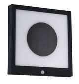 Square black solar wall light with motion sensor and white diffuser for outdoor lighting