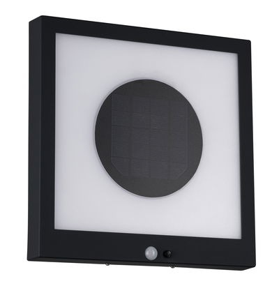 Vierkante zwarte solar wandlamp met bewegingssensor en witte diffuser voor buitenverlichting