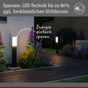 Moderne LED-Außenleuchten in Schwarz mit warmweißem Licht im Gartenweg, energiesparende Beleuchtung