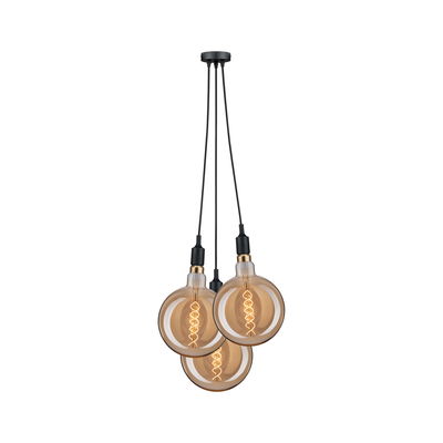 Moderne Pendelleuchte mit drei großen bernsteinfarbenen Glaskugeln und schwarzem Kabel für Wohnräume