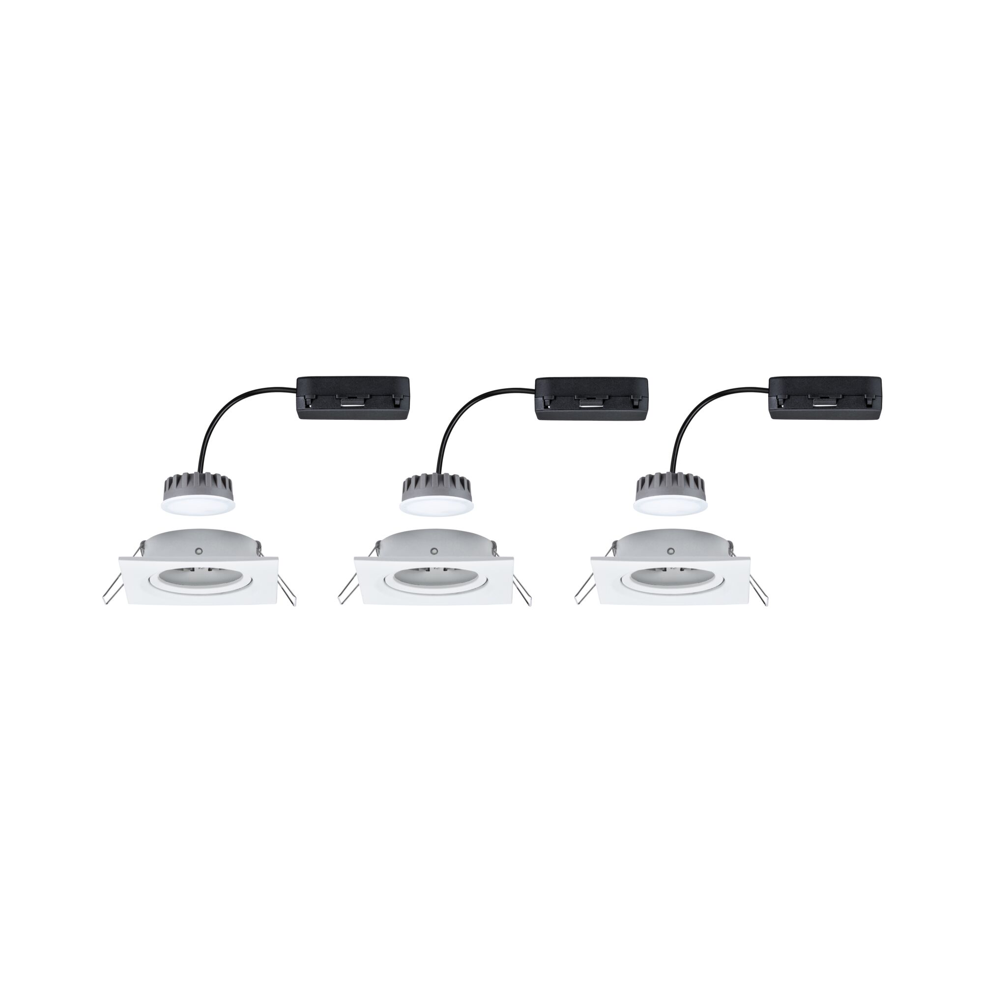Three white square LED recessed spotlights with black cable for modern indoor lighting solutions