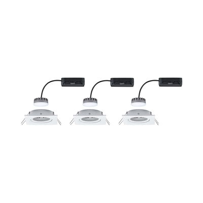 Three white square LED recessed spotlights with black cable for modern indoor lighting solutions