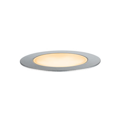 Round LED recessed panel in brushed aluminum with warm white light for modern room lighting