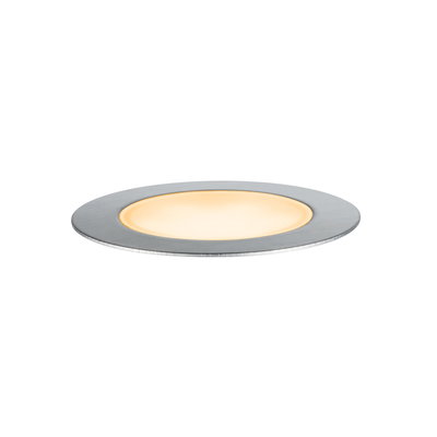 Round LED recessed panel in brushed aluminum with warm white light for modern room lighting