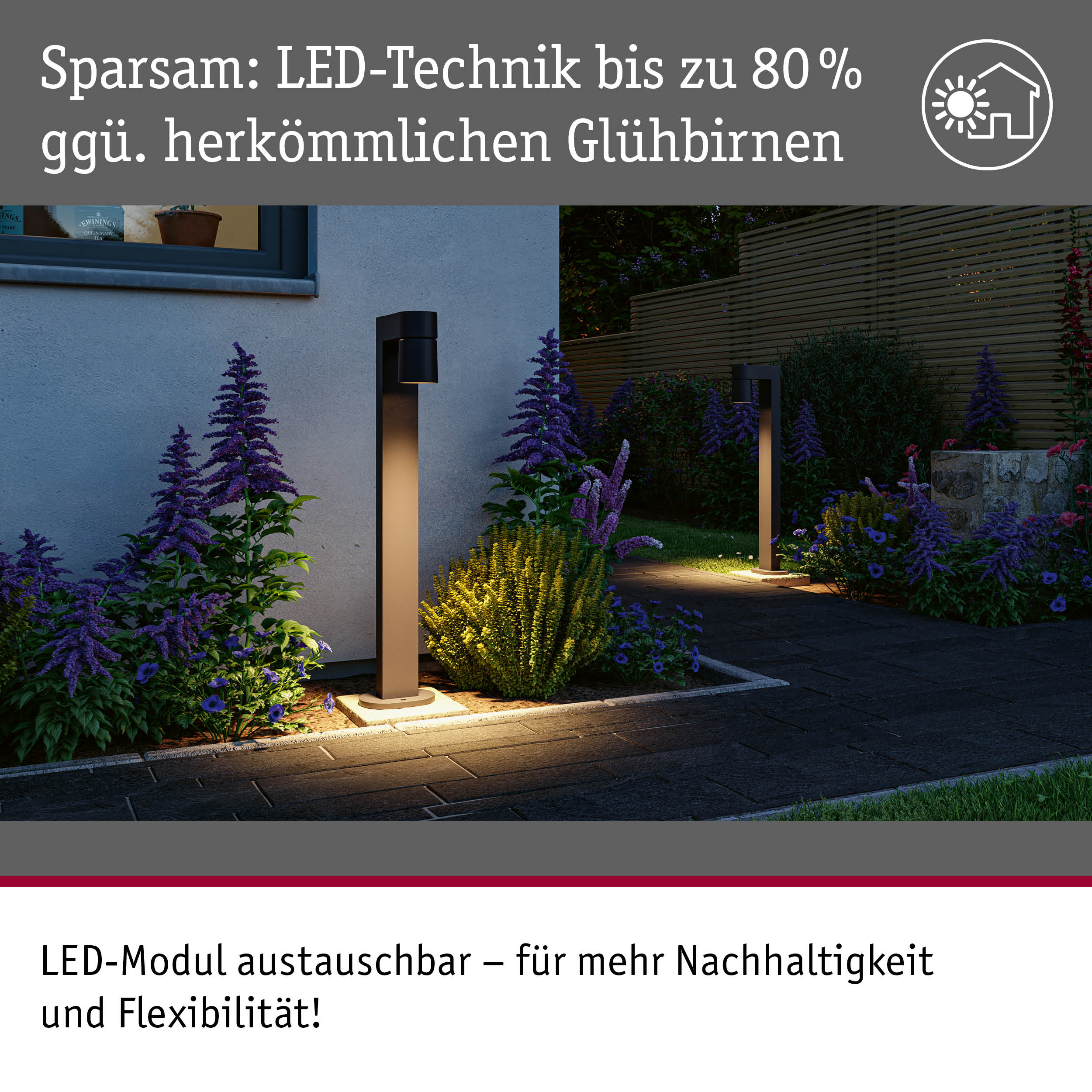 Moderne LED-Außenleuchten in Schwarz beleuchten Gartenweg mit energiesparender Technik