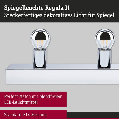 Spiegelleuchte Regula II aus verchromtem Metall mit zwei LED-Leuchtmitteln und E14-Fassung für Badspiegel.