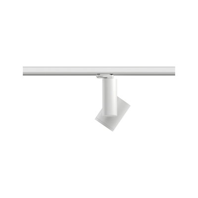 Moderner weißer LED-Strahler aus Metall an Schienensystem für flexible Beleuchtung im Innenraum