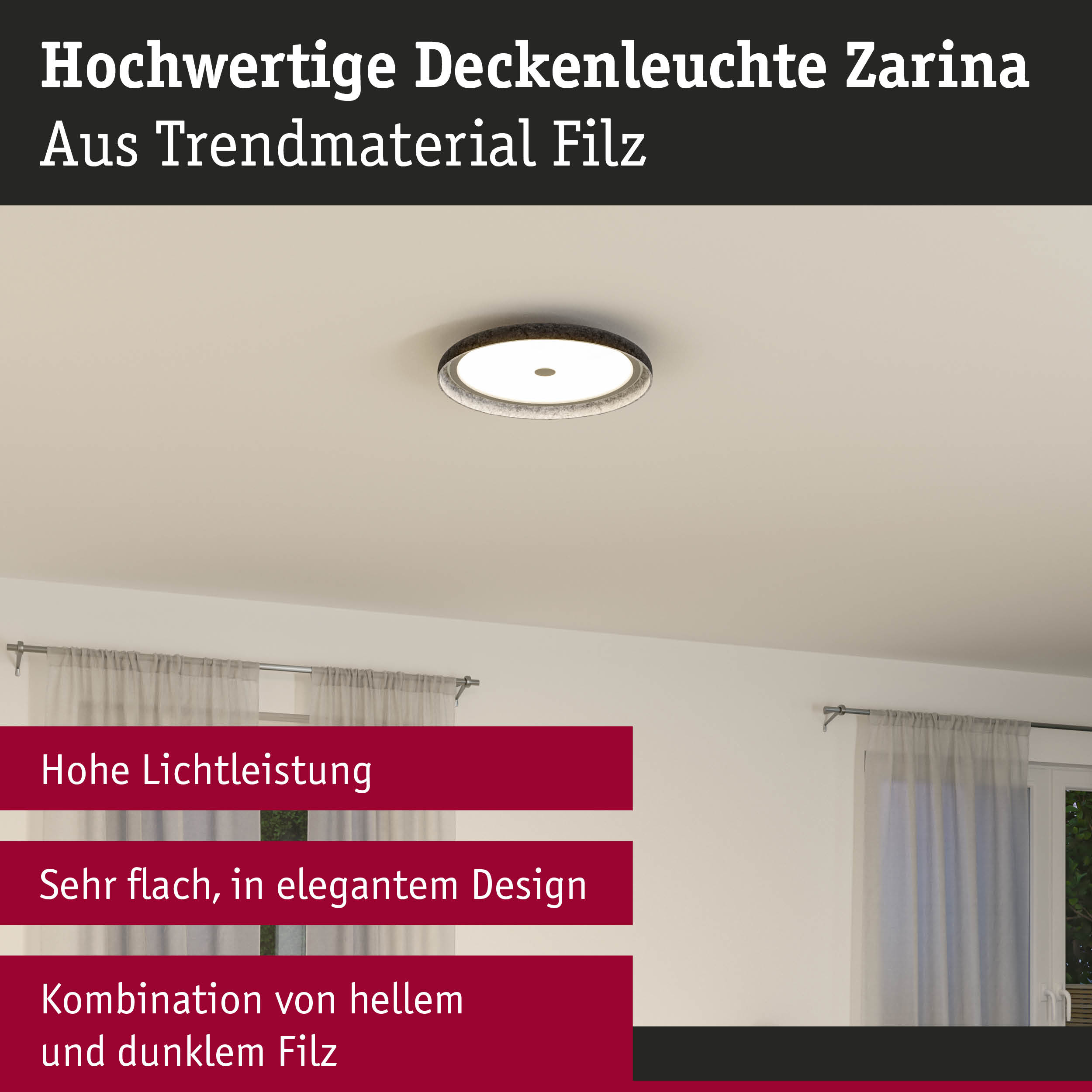 Deckenleuchte Zarina aus Filz in hell und dunkel mit flachem Design und hoher Lichtleistung