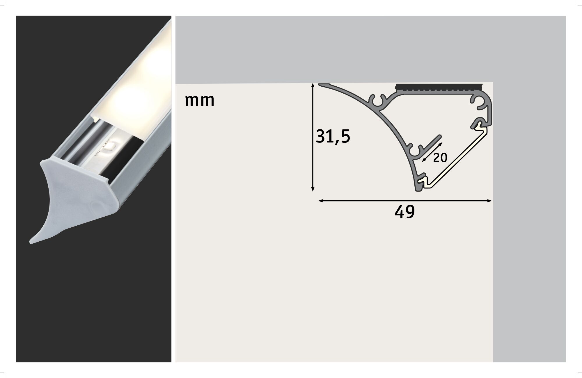 Aluminum LED profile with frosted diffuser and end cap, dimensions 49x31.5 mm for LED strips.
