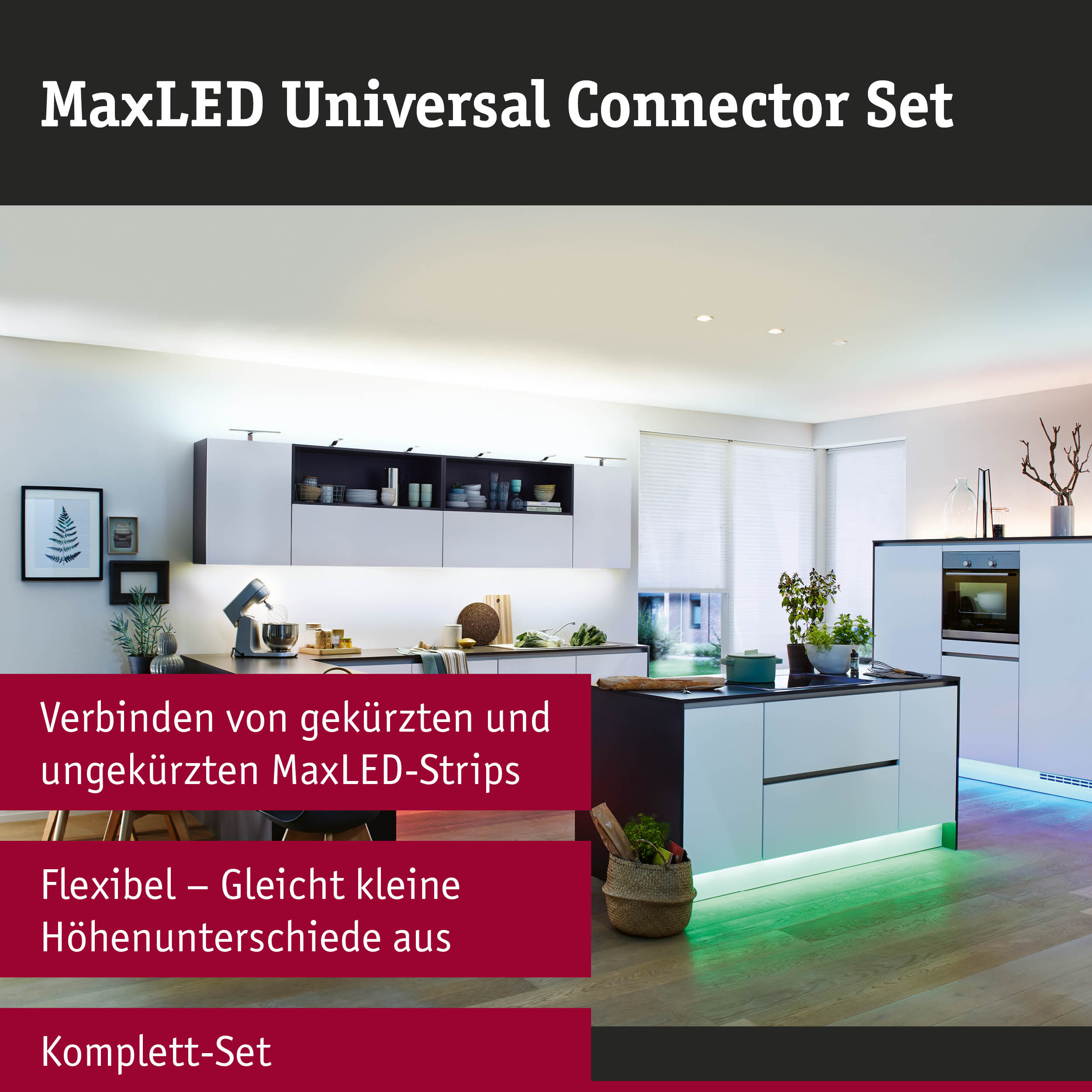 Moderne Küche mit weißen Schränken und grüner LED-Beleuchtung unter der Kücheninsel