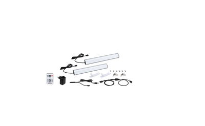 White LED under-cabinet light set with remote and mounting accessories for versatile lighting