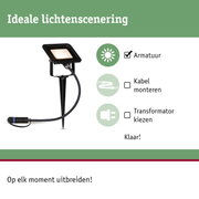 Zwarte LED-buitenstraalspot met grondpin en kabel voor flexibele tuinverlichting.