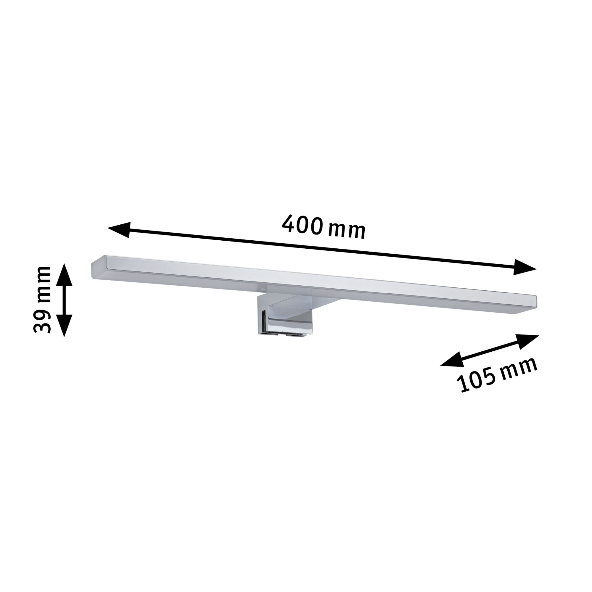 Applique murale LED chromée moderne de 400 mm de large au design épuré pour salle de bain