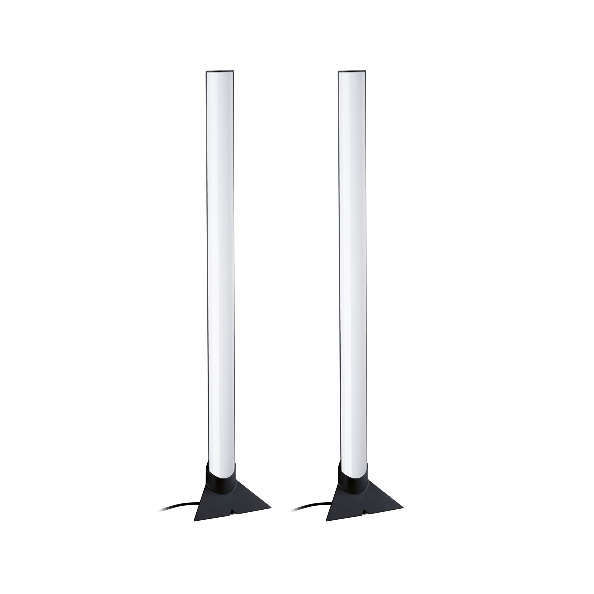 Two modern LED floor lamps with white light tubes and black triangular bases for stylish home lighting