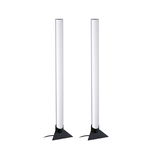 Two modern LED floor lamps with white light tubes and black triangular bases for stylish home lighting