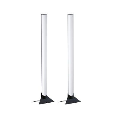 Two modern LED floor lamps with white light tubes and black triangular bases for stylish home lighting