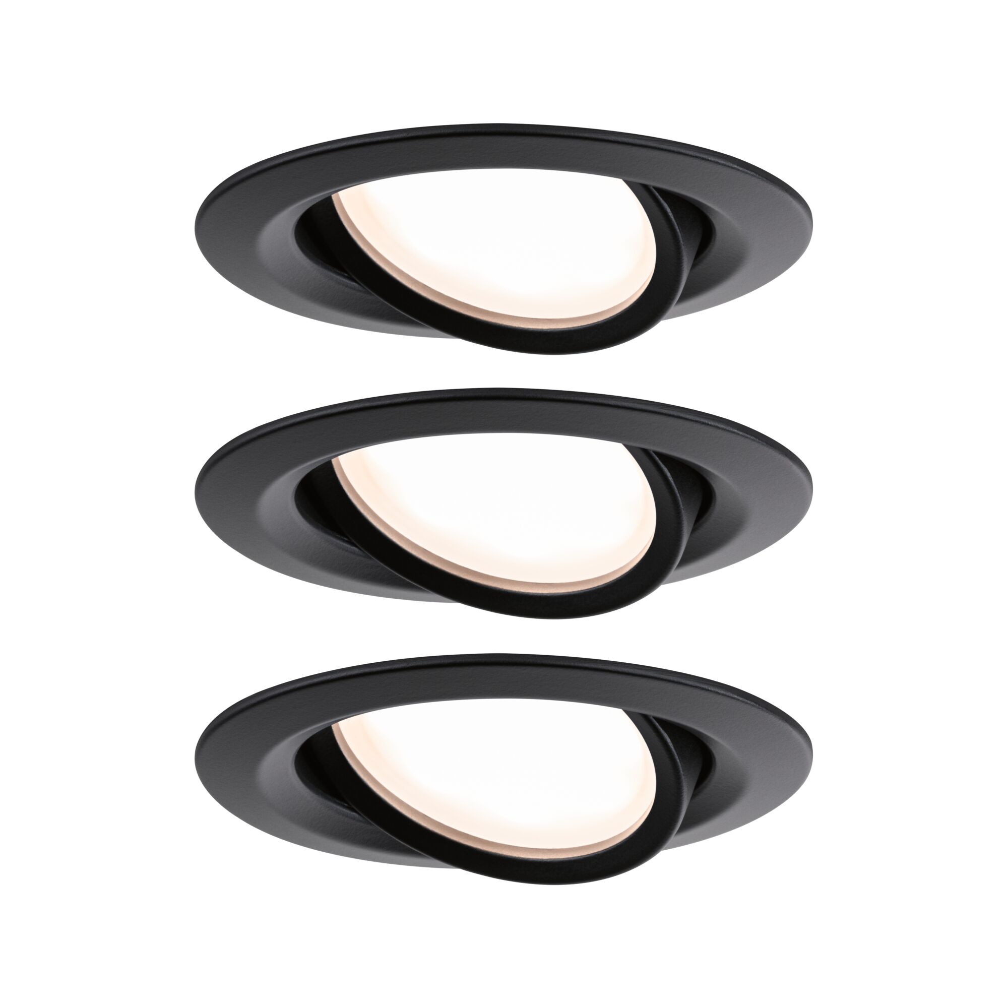 LED Vestavné svítidlo Nova Plus Coin Základní sada otočné IP65 kulaté 93mm 30° Coin 3x6W 3x470lm 230V stmívatelný 2700K Černá matná Drei schwarze LED-Einbaustrahler mit schwenkbarem Kopf und warmweißem Licht für moderne Raumbeleuchtung