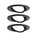 Three black LED recessed spotlights with adjustable heads and warm white light for modern room lighting