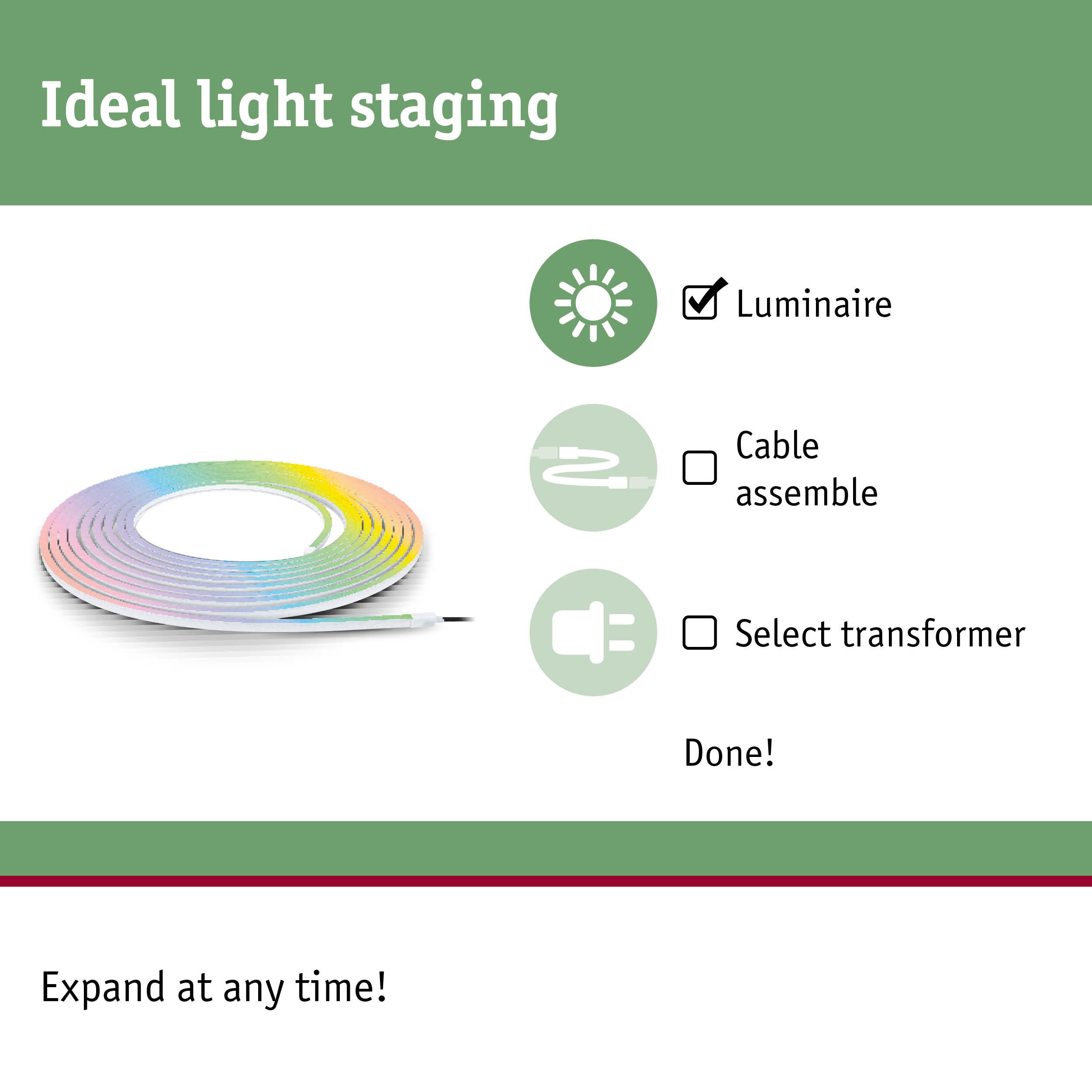 Colourful LED light strip with white cable, perfect for light staging and flexible lighting solutions