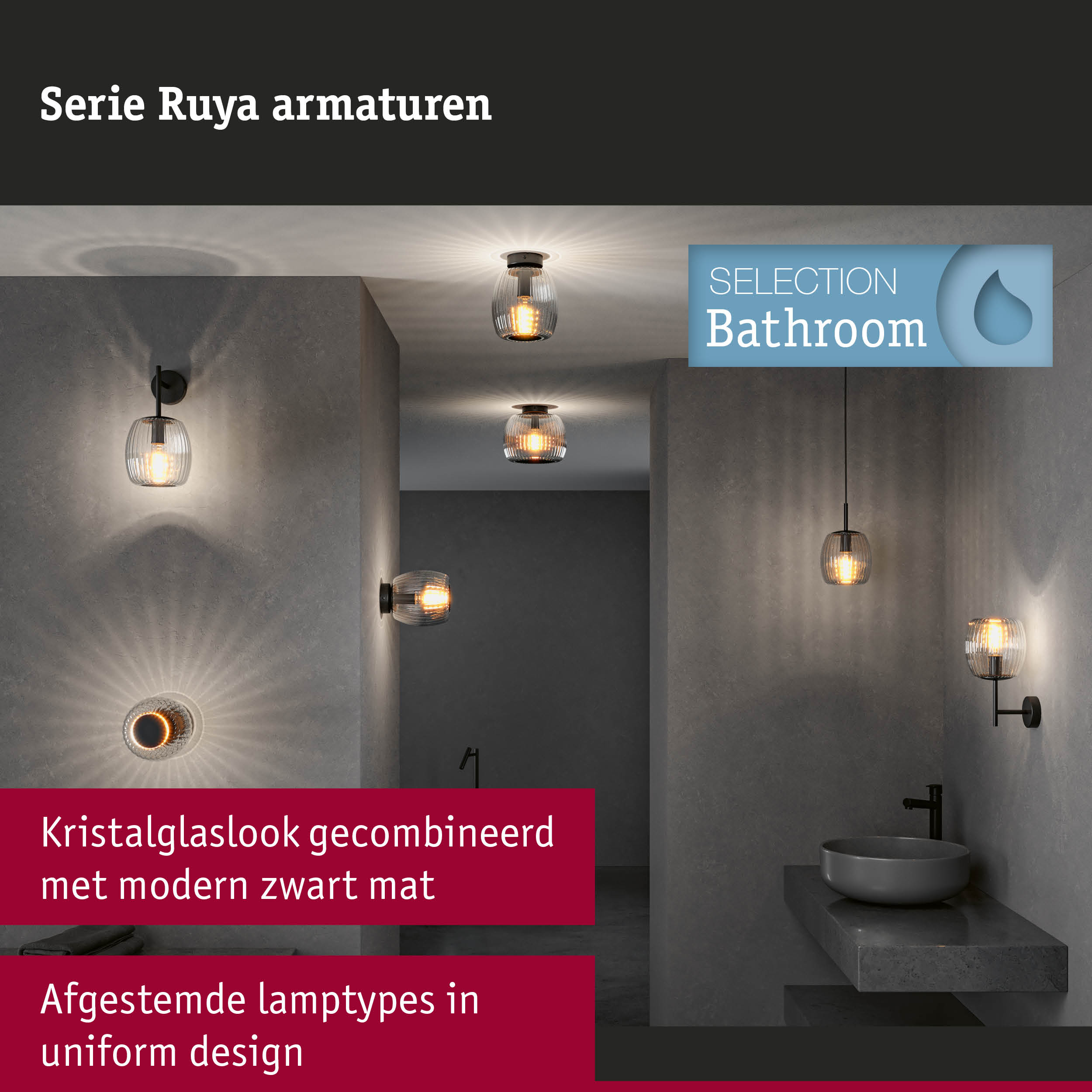Moderne badkamerverlichting serie Ruya met kristalglas en mat zwart metaal voor stijlvolle verlichting