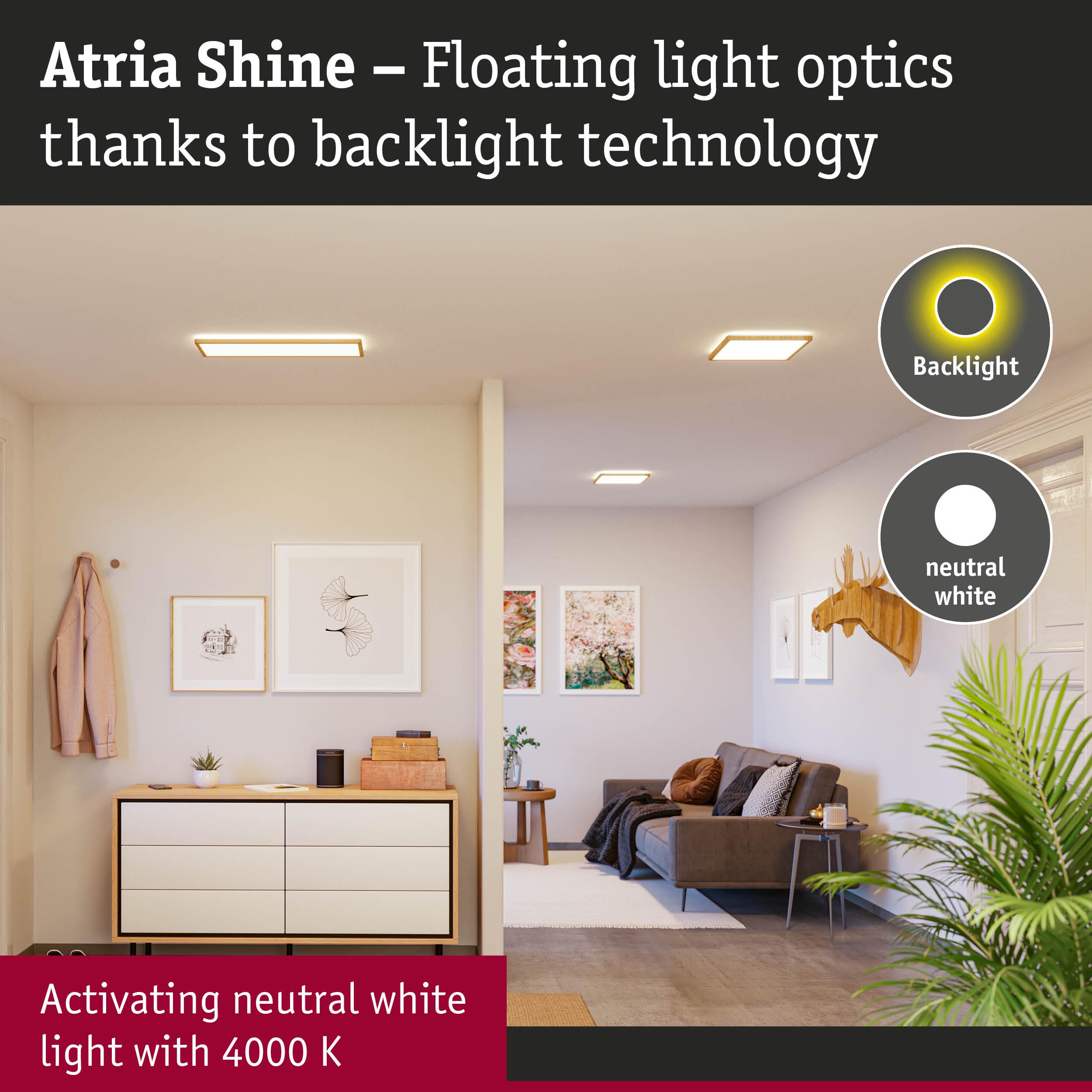 Living room with Atria Shine ceiling lights emitting neutral white light and backlight technology
